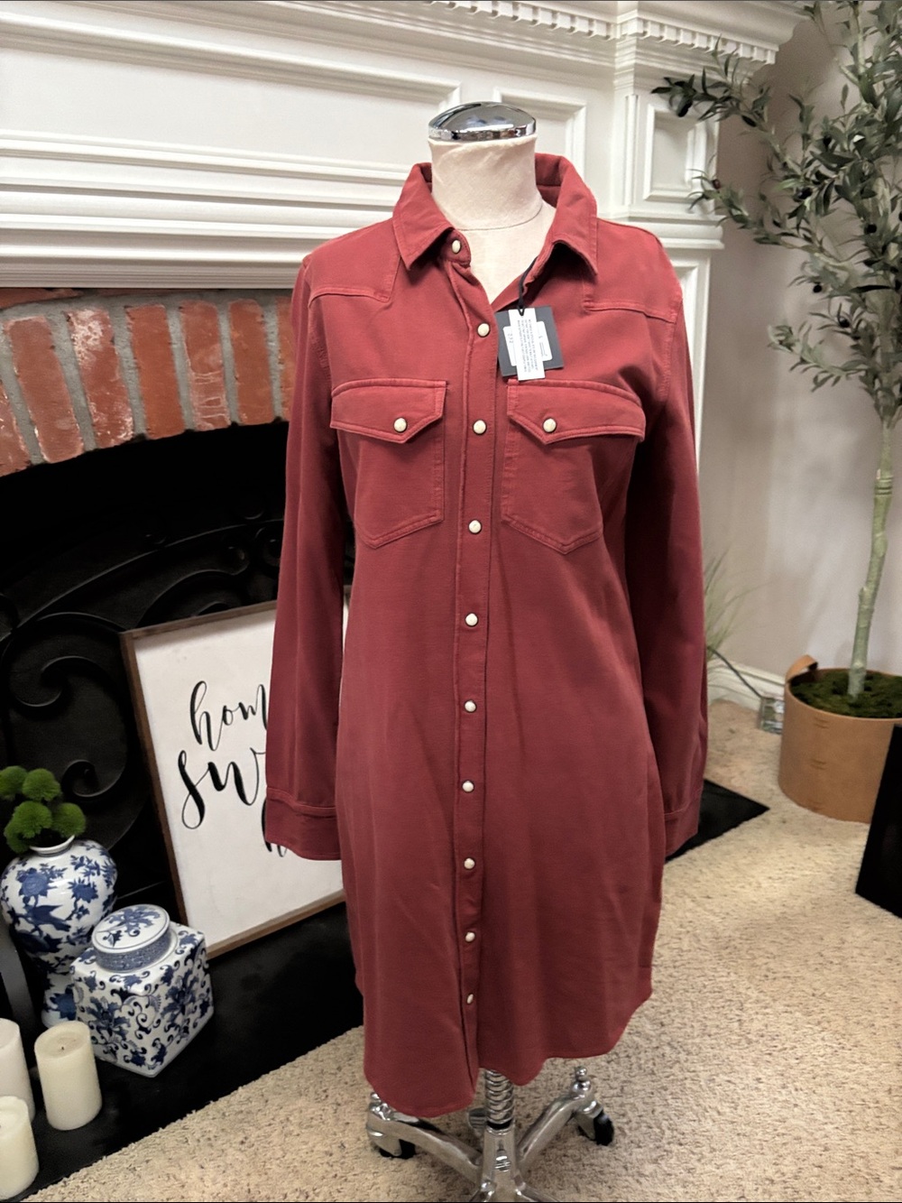 The Normal Brand Long-Sleeve Button-Front Shirt Dress in Dusty Rose